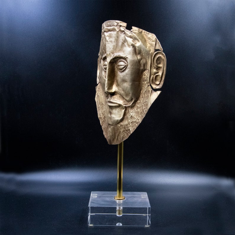 Large Ancient Greek Mycenean Mask of Agamemnon, Copper 24K Gold Plated Relief, Trojan War Mycenaean Legendary King Mask, Museum Quality Art image 8