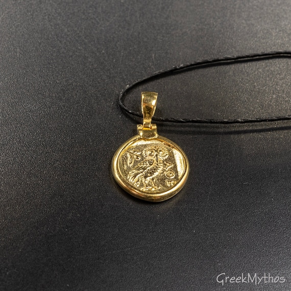 Ancient Greek Coin Gold Necklace with Owl Goddess Athena Symbol, Mens Coin Pendant, Unisex Statement Necklace, Mens Gift, Greek Jewelry