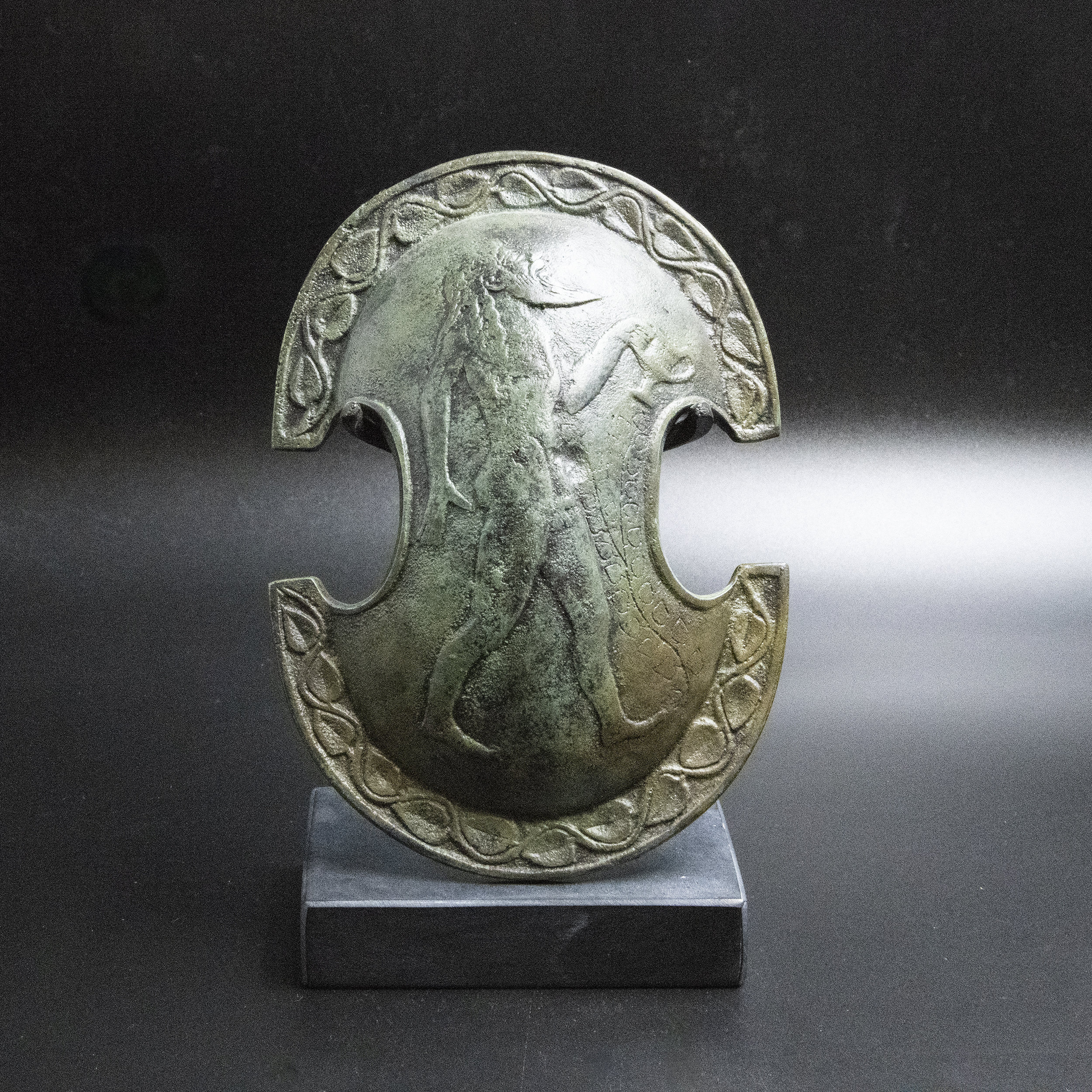 Ancient Greek Bronze Shield with Satyr and Vine Leaves Symbol of God of
