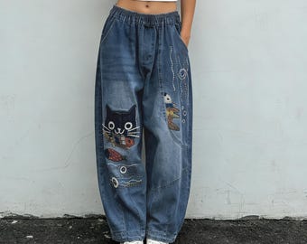 Cat Embroidered Baggy Jeans, Elastic Waist Loose Denim Streetwear Pants