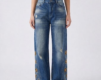 Embroidered Flower Wide Leg Jeans, Distressed Blue Denim Pants, Y2K Streetwear
