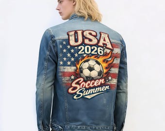 Men’s USA Soccer Denim Jacket, American Flag Graphic Jean Coat