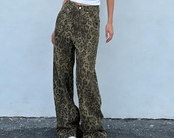 Leopard Print Wide Leg Jeans for Women | Vintage Y2K Baggy Denim Pants, Aesthetic Streetwear Jeans