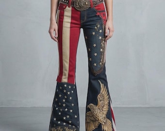 American Flag Flare Jeans, Eagle Print Patriotic Bell Bottom Denim Pants