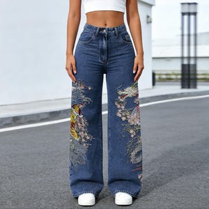 Vaqueros con diseño de tigre y dragón pintado, de cintura alta y pierna ancha, ropa de calle asiática
