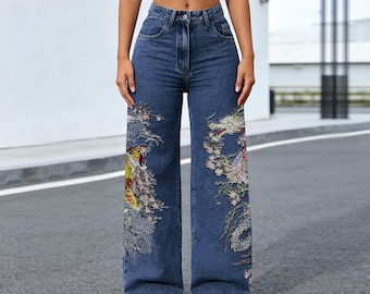 Painted Dragon Tiger Jeans, High Waisted Wide Leg Denim, Asian Streetwear