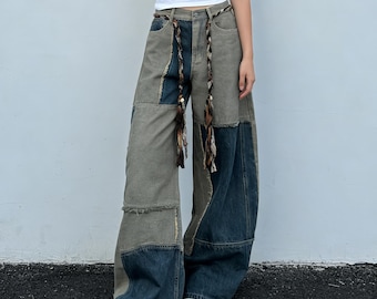 Women's Patchwork Wide Leg Jeans with Fabric Ties | Deconstructed Denim Pants Y2K Artisan Streetwear