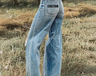 High Waist Distressed|Wide Leg Jeans|Ripped Knee Vintage Washed Denim|Boho Destroyed Western Style