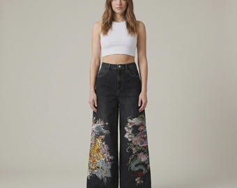 Tiger and Dragon Embroidered Wide Leg Jeans, High Waist Black Denim, Oriental Streetwear Statement Pants