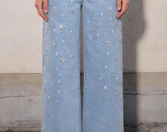 Women’s Rhinestone Wide Leg Jeans – Light Wash Crystal Embellished Denim Pants