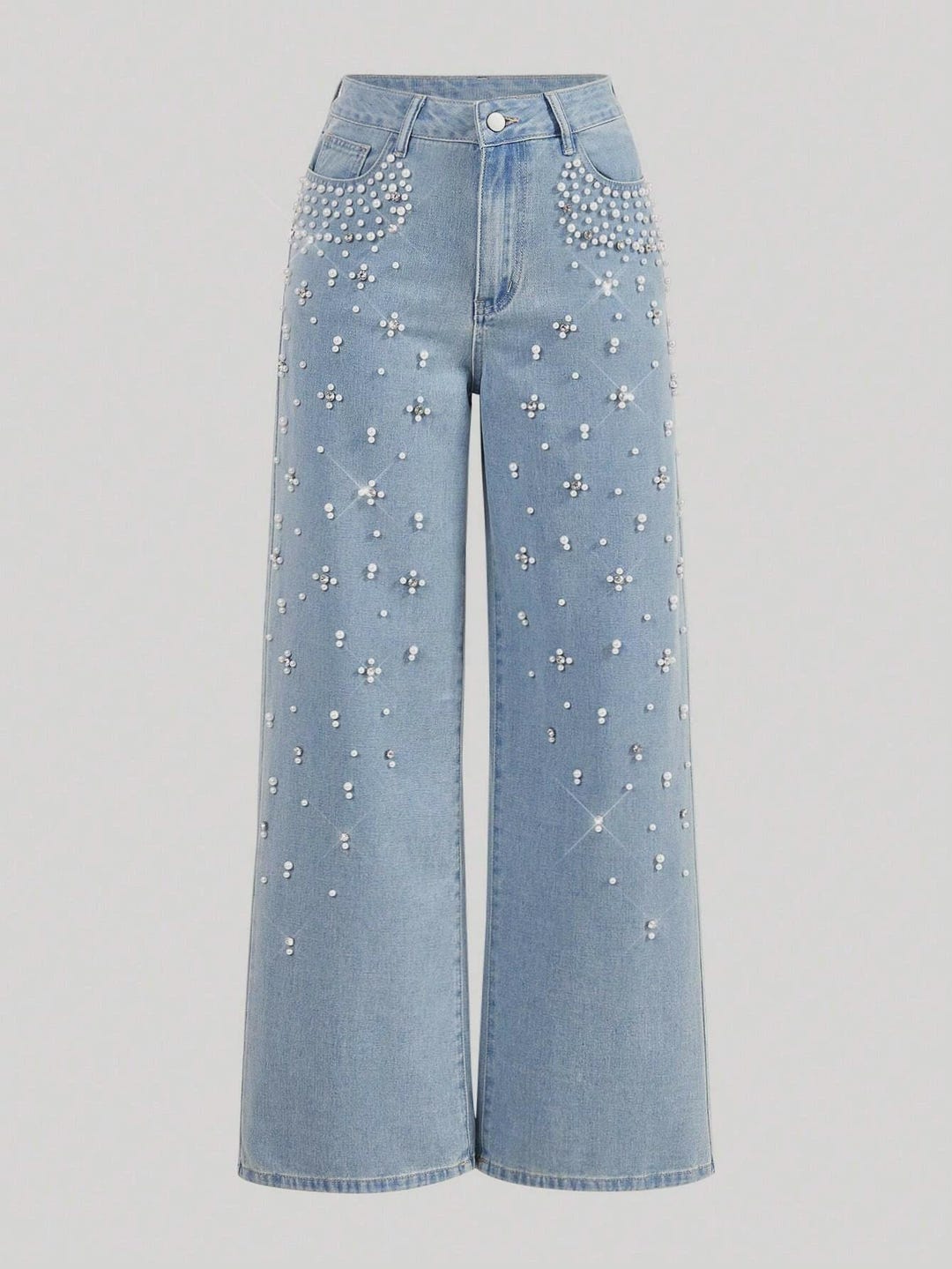 Women’s Rhinestone Wide Leg Jeans – Light Wash Crystal Embellished ...