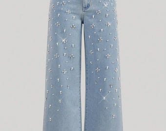 Women’s Rhinestone Wide Leg Jeans – Light Wash Crystal Embellished Denim Pants