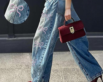 Y2K Digital Printed Denim Jeans | Custom Pink Bow, Wide Leg