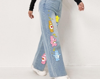 Custom Painted High Waisted Jeans – Y2K Bear Print Denim