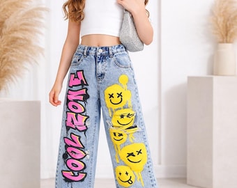 Kids Custom Graffiti Jeans: Y2K Smiley Face Print, Baggy Denim