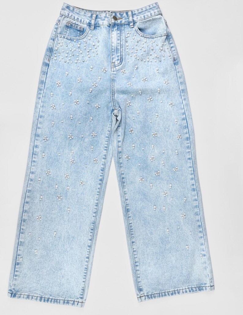 Women s Rhinestone Wide Leg Jeans Light Wash Crystal Embellished 
