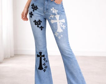 Cross Print Flare Jeans, High Waist Retro Denim Pants for Women