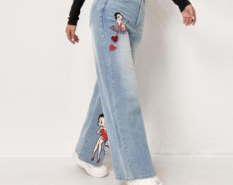 Custom Y2K Cartoon Print Jeans | High Waist Wide Leg Denim Pants