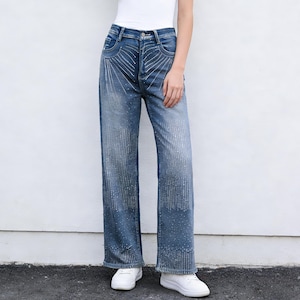 Vaqueros rectos con diamantes de imitación y cintura alta, vaqueros brillantes con cristales Y2K para mujer.