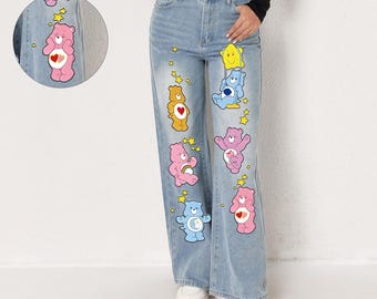 Custom Y2K Cartoon Bear Jeans | High Waist Wide Leg Denim