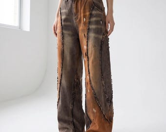 Brown Patchwork Wide Leg Jeans, Distressed Two Tone Denim Pants, Y2K Streetwear