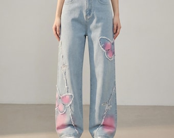 Butterfly Patchwork Wide Leg Jeans, Pastel Washed Denim Pants for Women