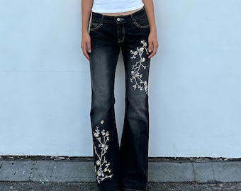 Black Floral Embroidered Jeans | Vintage Style Denim Pants, Romantic Cottagecore Jeans for Women