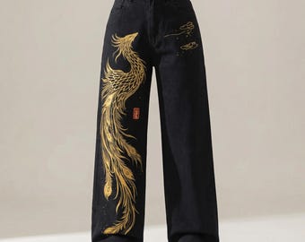 Phoenix Embroidered Wide Leg Jeans, High Waist Black Denim Statement Pants