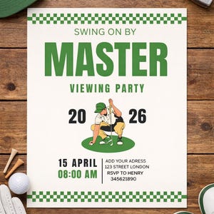Puede incluir: Una invitación con temática de golf con el texto "SWING ON BY MASTER VIEWING PARTY" en verde. La invitación incluye la fecha "20 26" y la hora "08:00 AM" el "15 DE ABRIL". También se ven pelotas de golf, tees, un palo de golf, una gorra verde y zapatos de golf.