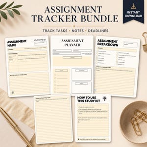 Puede incluir: Un paquete de plantillas imprimibles para el seguimiento de tareas con el texto "ASSIGNMENT TRACKER BUNDLE". Incluye plantillas para la planificación de tareas, desgloses y notas. El diseño es en tonos neutros.