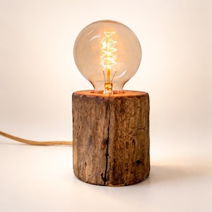 Wooden Lamp with Edison Bulb and Dimmer – Natural Bedside Table Lamp, Warm Ambient Light