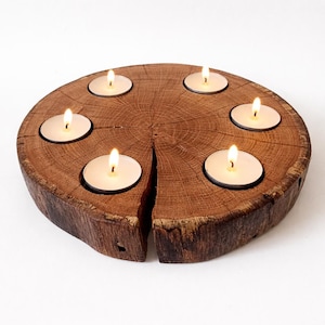 Handcrafted Oak Tealight Holder, Rustic Wood Centerpiece, Natural Home Decor