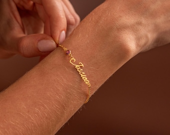 Gold Geburtsstein Namen Armband - Zierliches Bettelarmband mit Edelstein, personalisiertes Armband mit Geburtsstein, Geschenk für Mama, Valentinsgeschenk