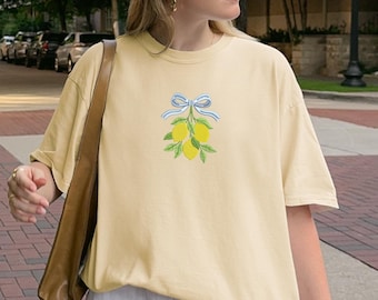 Embroidered Lemon Comfort Colors T-shirt: Garment Dyed Fruit Tee, Lemon Bow Shirt, Cottage Kitchen Embroidery Tee