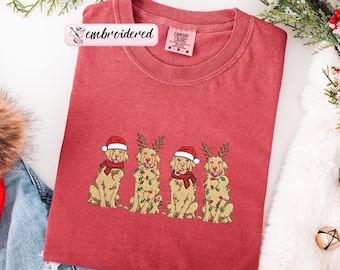EMBROIDERED Christmas Golden Retriever Comfort Colors® T-Shirt, Cute Dog Christmas Tee, Golden Mama Holiday Top, New Year Dog Lover Gift