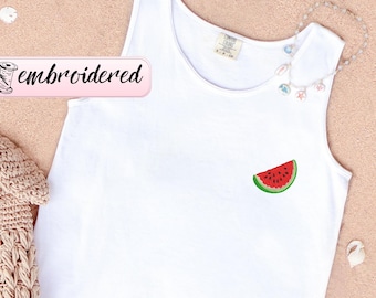 Embroidered Watermelon Comfort Colors Tank Top, Garment Dyed Fruit Top, Summer Beach Tank Top, Women's Spring Tops, Embroidery Summer