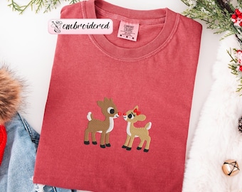 EMBROIDERED Christmas Comfort Colors Shirt: Reindeer Design, The Red Nose Reindeer and Clarice, Embroidered Shirt