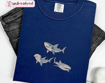 Chemise brodée requin Comfort Colors®, cadeau brodé requin pour amoureux de la nature pour ami, t-shirt Ocean Lover, chemise brodée Sealife