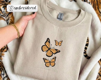 Embroidered Butterfly Sweatshirt, Monarch Butterfly, Trendy Cottagecore Sweater, Gift for Her, Butterfly Gift Birthday