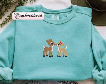 EMBROIDERED Christmas Comfort Colors Sweatshirt: Reindeer Design Tee, The Red Nose Reindeer and Clarice, Embroidered T-Shirt