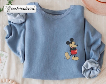 Comfort Colors® Embroidered Disneyland Mickey Mouse Vintage Crewneck, Disney Mickey Pose Pullover Cozy Disney Fan Gift