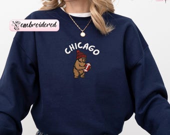 Embroidered Chicago Football Sweatshirt, Game Day Bear Crewneck, Football Fan Sports Gift, Unisex Sweater For Men, Women