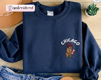 Embroidered Chicago Football Sweatshirt, Game Day Bear Crewneck, Football Fan Sports Gift, Unisex Sweater For Men, Women
