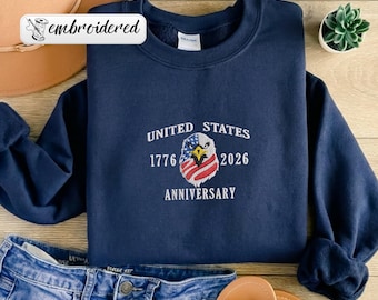 Sweat-shirt brodé États-Unis 1776-2026, col rond aigle patriotique, sweat à capuche 250e anniversaire, sweat-shirt patriotique