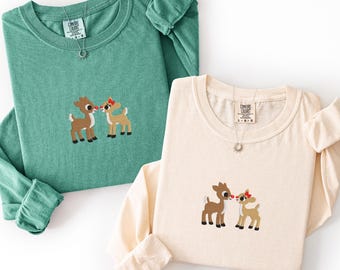 EMBROIDERED Christmas Comfort Colors T-Shirt: Reindeer Design, The Red Nose Reindeer and Clarice, Embroidered Shirt