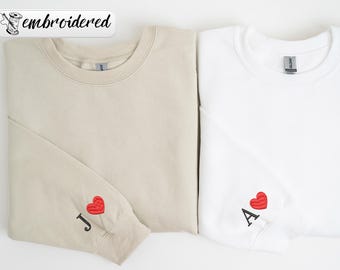 Custom Embroidered Initial Heart Sweatshirt, Personalized Couple Embroidery Hoodie, Matching Valentines Outfit, Anniversary Gifts