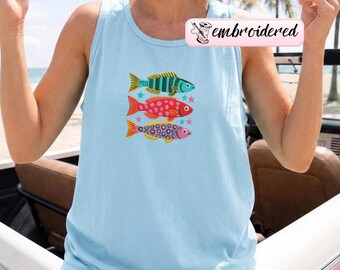 Embroidered Comfort Colors Fish Tank Tops, Summer Boho Top, Coastal Beach Tank Top, Tropical Fish, Retro Graphic Ocean Life