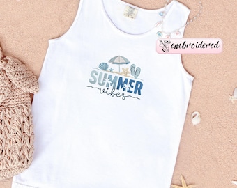 Embroidered Summer Vibes Beach Comfort Colors Tank Top: Vacation Flip Flops, Embroidery Summer Trip Tank Tops, Beach Tank Top