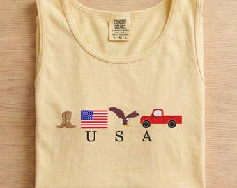 Embroidered USA Comfort Colors® Tank Tops, American Flag Tank Top, Patriotic American Icon Tops, Western Country Pride Crewneck, Happy 250th