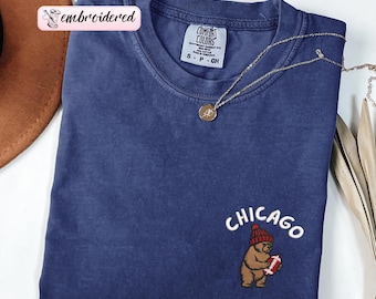Comfort Colors® Embroidered Chicago Football Shirt, Game Day Bear Crewneck, Football Fan Sports Gift, Unisex Sweater For Men, Women